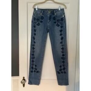 MICHAEL KORS Dillon Relaxed Blue Jeans Antique Wash Floral Embroidery Size 2